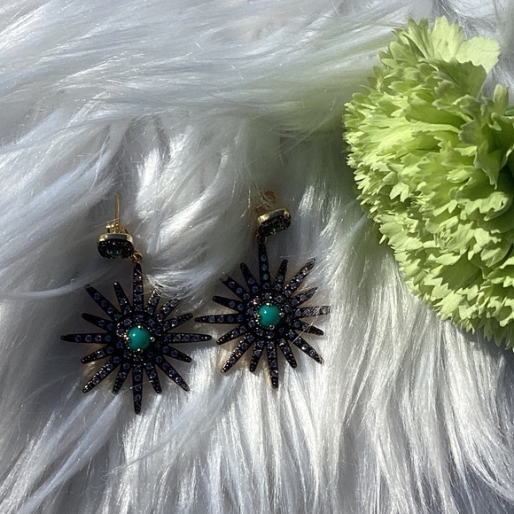 Adornia 14k Gold Plated Swarovski Crystal Turquoise Starburst Earrings - Picture 4 of 6